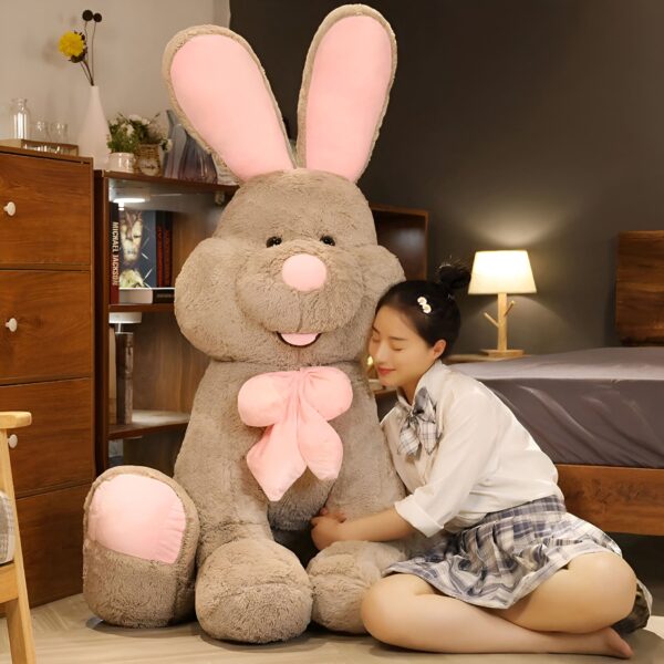 Grande Peluche Lapin Marron avec Noeud Rose - 80cm