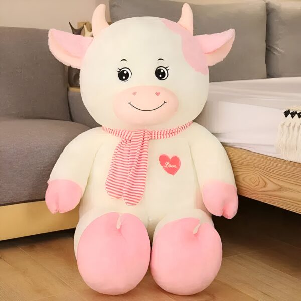 grande-peluche-vache-blanche-et-rose-70-cm-3a-2 Grande peluche vache blanche avec un écharpe rose et un cœur rouge brodé "Love".