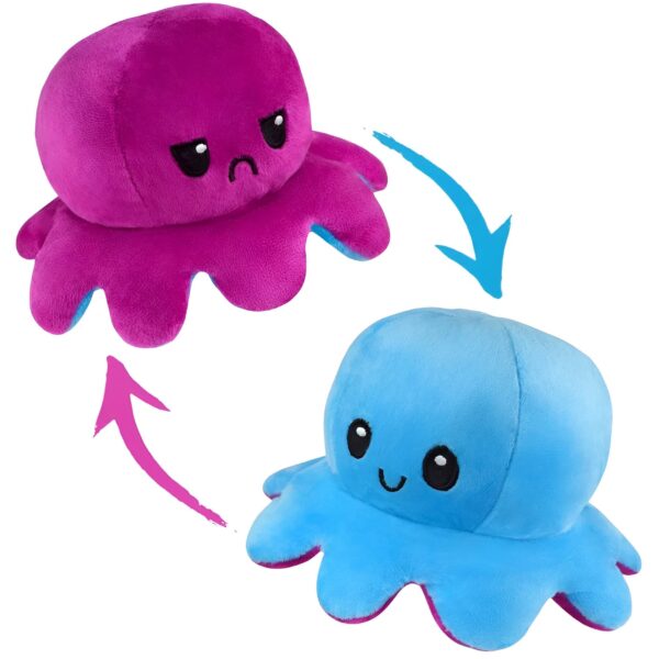 pack-de-2-peluches-pieuvre-reversible-bleu-et-rose-jouet-doux-et-tendre-3a-1 Deux peluches pieuvres, l'une rose avec une expression triste et l'autre bleue avec une expression joyeuse, tournées en sens inverse.