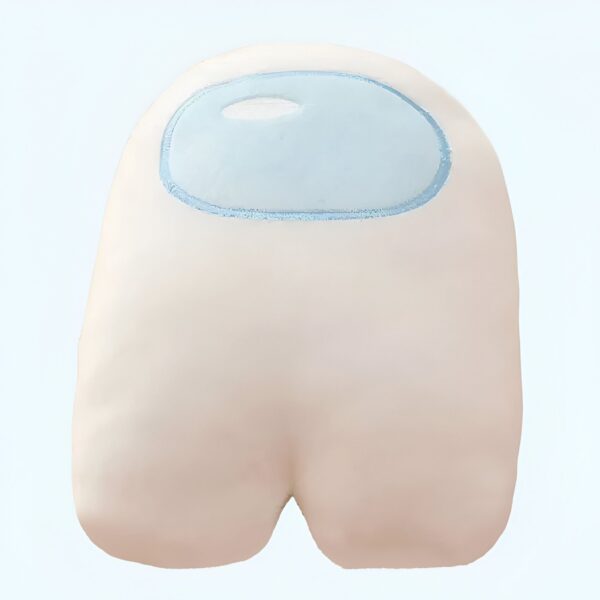 peluche-among-us-blanc-imposteur-1a-4 Peluche blanc en forme de personnage du jeu vidéo Among Us avec un hublot bleu.