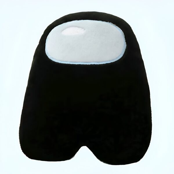 Peluche noir en forme de personnage du jeu vidéo Among Us avec un visage bleu.