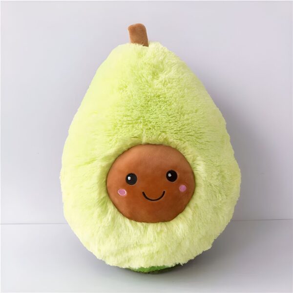 peluche-avocat-poilu-jouet-peluche-avocat-adorable-3a-1 Peluche avocat souriant en forme d'avocat vert avec un noyau brun.