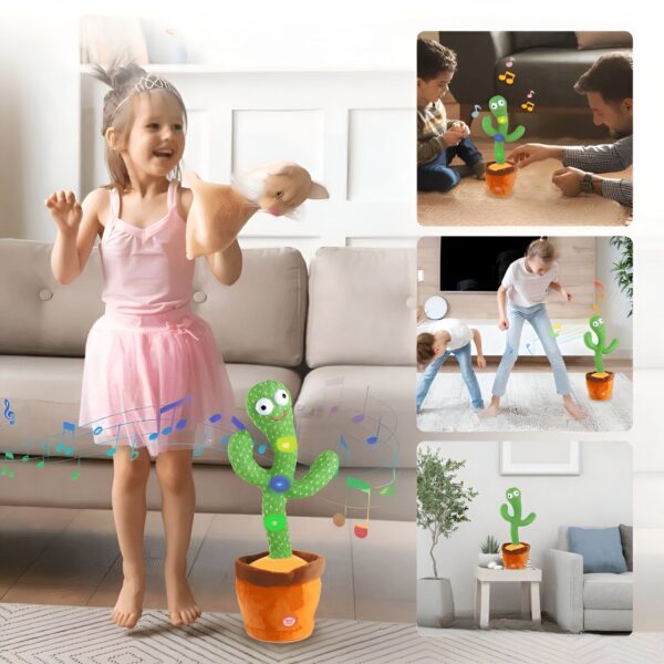 peluche-cactus-chantant-et-dansant-jouet-interactif-11a Un cactus en peluche qui chante et danse avec une petite fille dans un salon. Le cactus porte un pot orange et a des yeux rigolos.