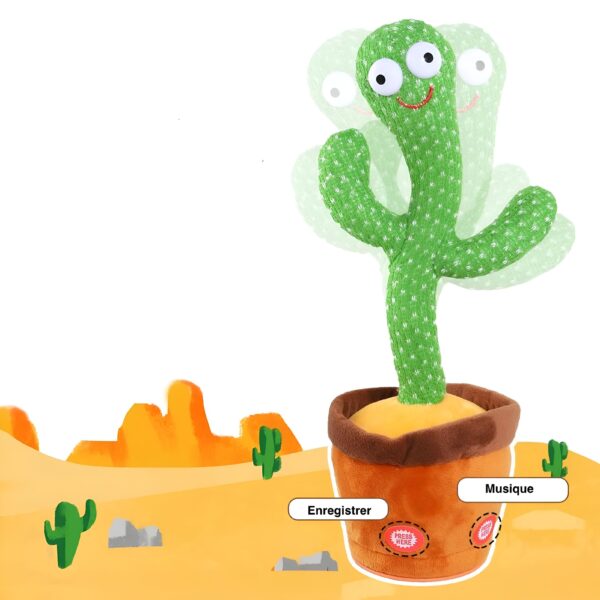 peluche-cactus-chantant-et-dansant-jouet-interactif-12a Un cactus vert en peluche dans un pot marron sur un fond de désert. Il y a des boutons « Enregistrer » et « Musique » sur le pot. Le cactus a un visage souriant et de grands yeux.