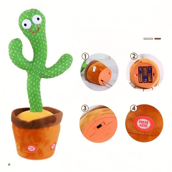 peluche-cactus-chantant-et-dansant-jouet-interactif-14a Un cactus en peluche vert rigolo dans un pot qui chante et danse. Le cactus a un grand sourire et de grands yeux. Il y a un bouton sur le pot pour activer la chanson.