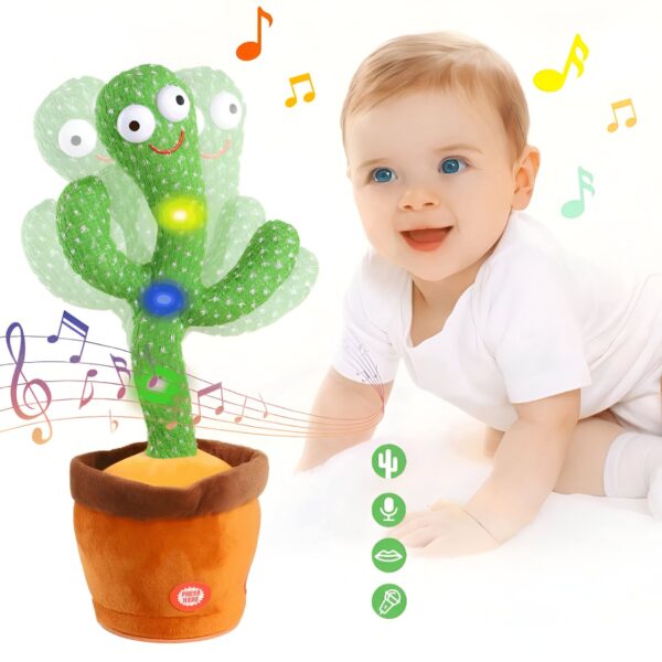 peluche-cactus-chantant-et-dansant-jouet-interactif-16a Un bébé souriant regardant un cactus musical en peluche vert avec des lumières colorées. Le cactus est dans un pot brun et est entouré de notes de musique.
