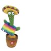 peluche-cactus-chantant-et-dansant-jouet-interactif-4a Un cactus en peluche portant un sombrero et une poncho arc-en-ciel, dans un pot brun.