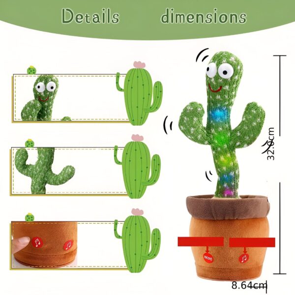 peluche-cactus-chantant-et-dansant-jouet-interactif-8a Un cactus en peluche vert avec des lumières colorées dans un pot brun. Il a de grands yeux et une bouche souriante. Il y a trois images montrant le cactus dans différentes positions, et une image montrant le bas du pot avec des boutons d'enregistrement et de lecture.
