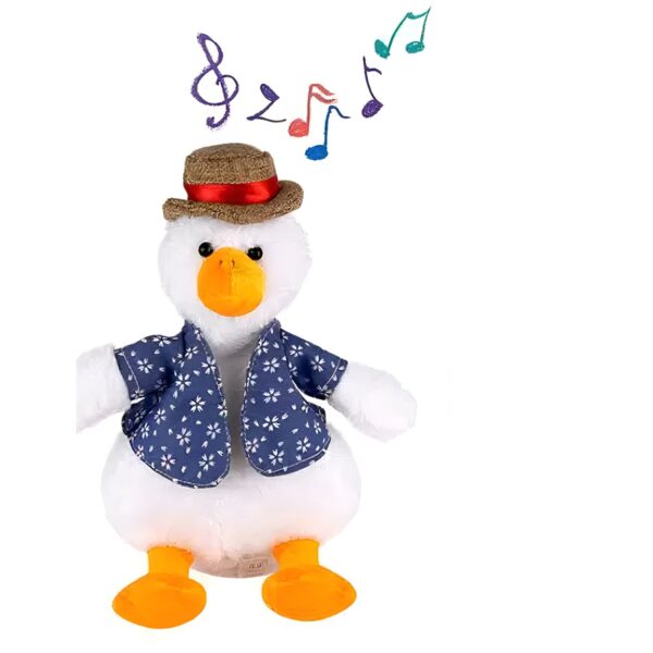 Canard en peluche blanc portant un chapeau brun et une veste bleue à fleurs, avec des notes de musique autour de sa tête.
