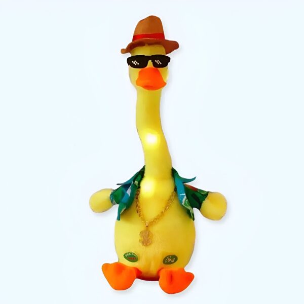 Canard en peluche jaune portant un chapeau, des lunettes de soleil et une chemise hawaïenne, avec un collier en or autour du cou.