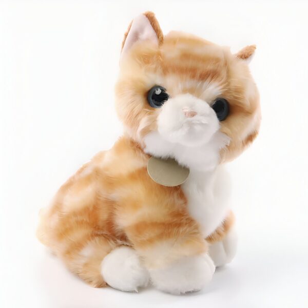 peluche-chaton-tout-doux-1a-1 Une peluche de chat orange et blanc avec de grands yeux bleus et un collier beige.