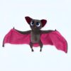 Une peluche de chauve-souris avec de grandes ailes roses et des yeux bleus.