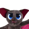 Une peluche de chauve-souris grise avec de grands yeux bleus, des oreilles rouges et une bouche rose.