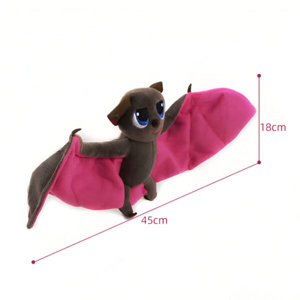 Peluche de chauve-souris marron avec des ailes roses, mesurant 45 cm de long et 18 cm de haut.