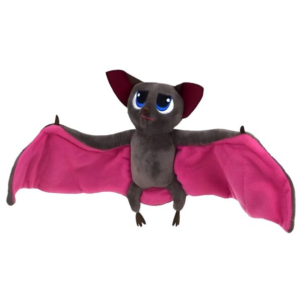 Une chauve-souris en peluche avec des ailes roses et des yeux bleus.