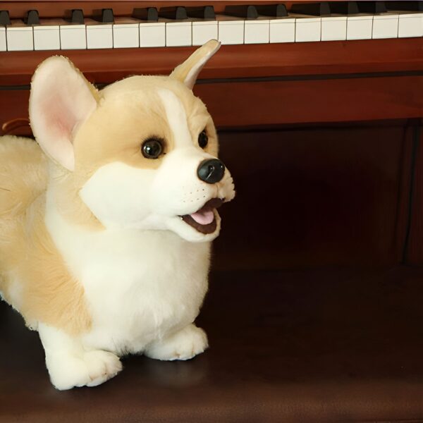 Un chiot corgi en peluche blanc et brun, souriant, assis devant un piano en bois.