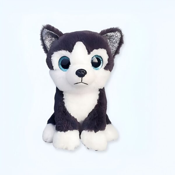 Peluche de chien Husky assis avec de grands yeux bleus.