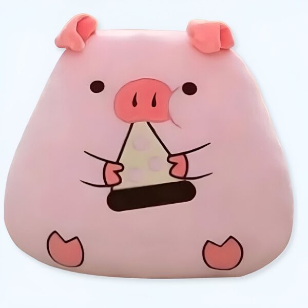 Peluche rose en forme de cochon tenant une part de pizza dans ses mains.