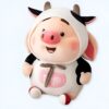 peluche-cochon-kawaii-1a Une peluche de cochon souriant portant un costume de vache.