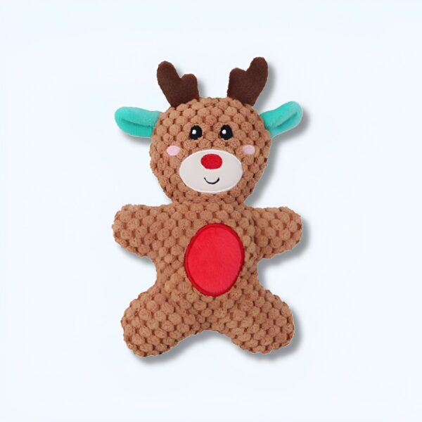 Jouet en peluche en forme de renne avec un ventre rouge, des oreilles vertes et un visage souriant.