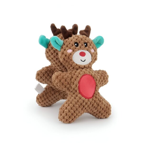 peluche-de-noel-cerf-en-pain-d-epices-decoration-de-sapin-2a Jouet en peluche de renne de Noël pour chien avec des oreilles bleu turquoise et un nez rouge.