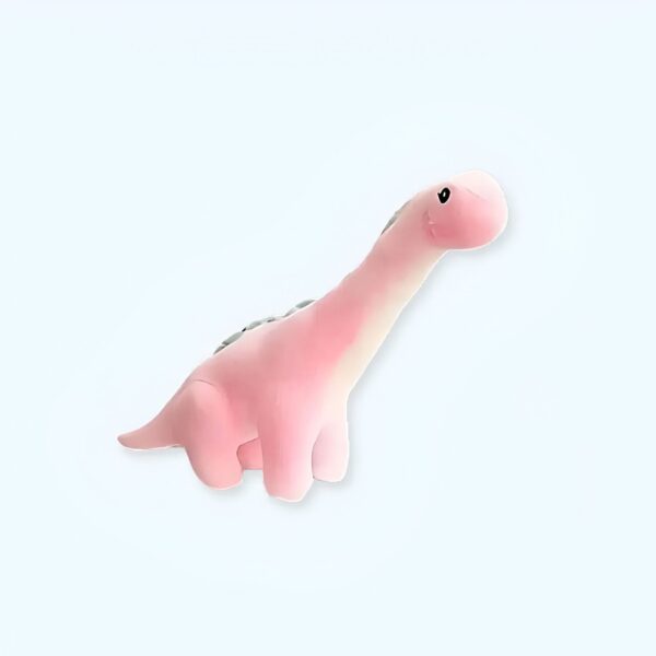 Un dinosaure rose en peluche avec de grands yeux noirs.