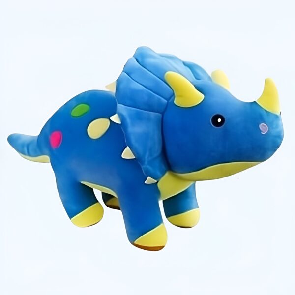 peluche-dinosaure-toute-douce-bleue-4a Peluche de tricératops bleu avec des détails jaunes et multicolores.