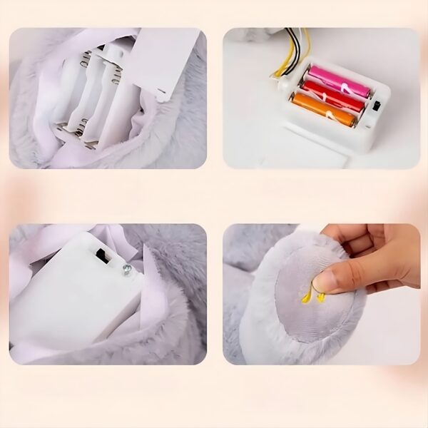 Compartiment à piles d'un jouet en peluche, montrant l'emplacement des piles et le compartiment à piles ouvert.