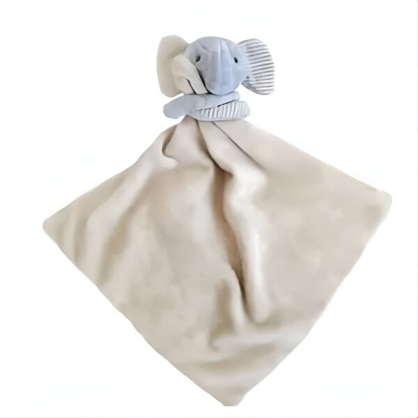 peluche-doudou-elephant-beige-jouet-bebe-calin-4a-2 Une couverture douce en crème avec une tête d'éléphant bleu attachée.