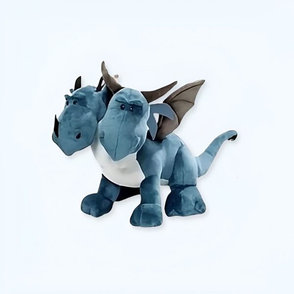 Peluche de dragon bleu à deux têtes avec des ailes marrons.