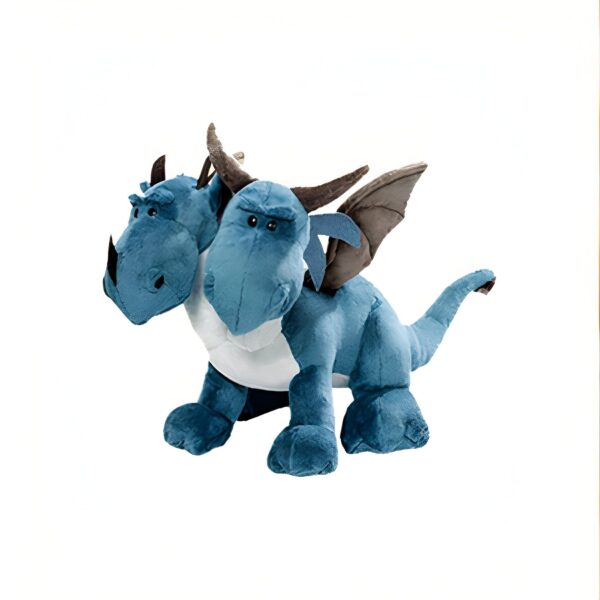 Une peluche de dragon bleu à deux têtes avec des ailes marrons.