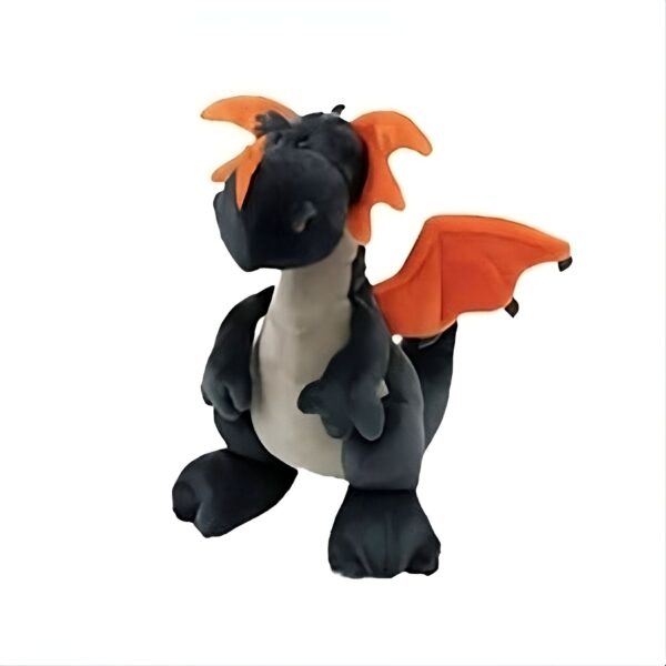 Un dragon en peluche noir avec des ailes orange.