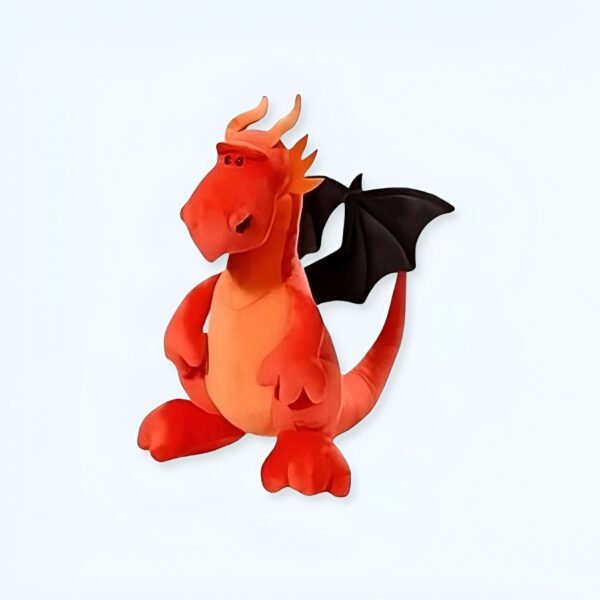 peluche-dragon-rouge-jouet-en-peluche-doux-et-mignon-1a Un dragon rouge en peluche avec des ailes noires et une expression amusante. Il est assis sur un fond blanc.
