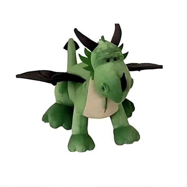 peluche-dragon-vert-jouet-doux-pour-enfants-2a Une peluche verte de dragon avec des ailes noires.