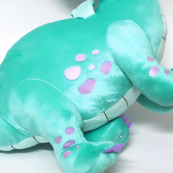 Gros plan sur un dragon en peluche vert avec des points violets. Le dragon est couché sur le dos, les pattes repliées sous son corps.