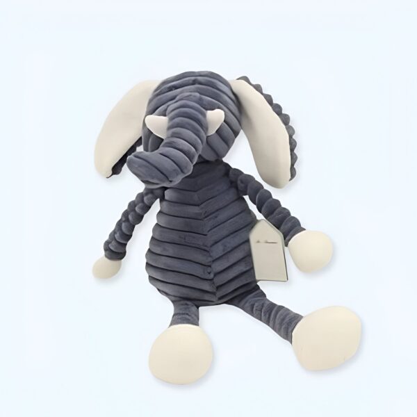 Peluche éléphant gris à rayures avec de grandes oreilles blanches.