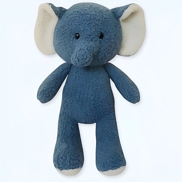 Peluche éléphant bleu avec des oreilles blanches.
