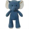 Une peluche bleue en forme d'éléphant avec des oreilles blanches et des yeux noirs.