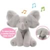 Jouet en peluche éléphant gris avec de grandes oreilles qui peuvent être repliées pour jouer à cache-cache.