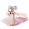 peluche-elephant-rose-doudou-bebe-calin-et-confort-3a-2 Une couverture douce en rose avec un éléphant gris et rose pour bébé.