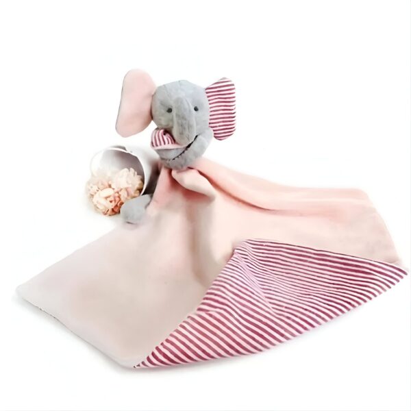 peluche-elephant-rose-doudou-bebe-calin-et-confort-3a-2 Une couverture douce en rose avec un éléphant gris et rose pour bébé.