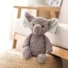 Un éléphant en peluche gris assis sur un tabouret en osier.