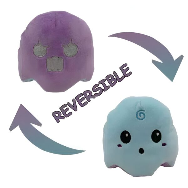 Peluche de fantôme violet avec des yeux et une bouche, qui se retourne pour révéler un côté bleu avec des yeux et une bouche différents. (293 caractères)