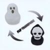 Un fantôme blanc se transforme en un crâne noir avec le mot "FLIP TRANSFORM" entre les deux.