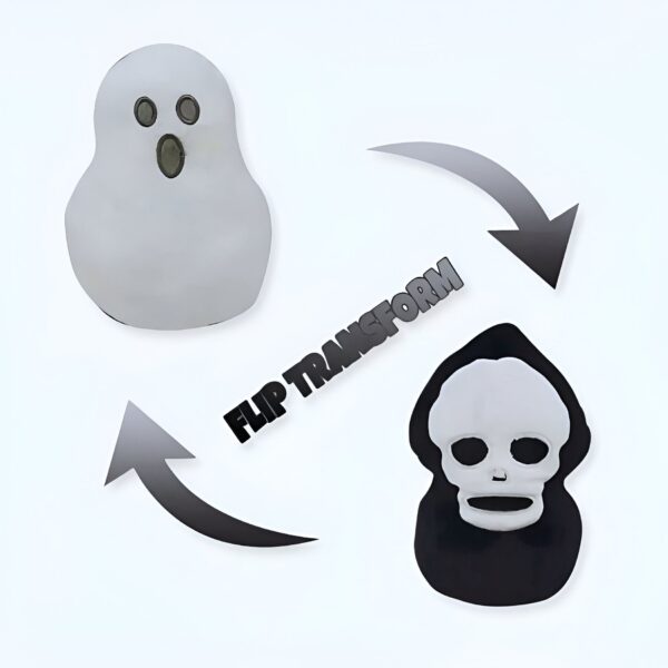 Un fantôme blanc se transforme en un crâne noir avec le mot "FLIP TRANSFORM" entre les deux.