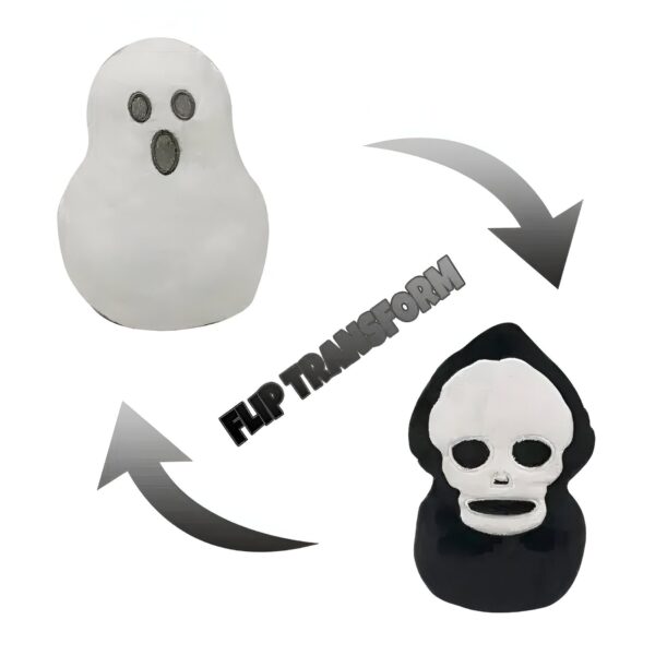 Un fantôme blanc se transforme en crâne noir en retournant la peluche.