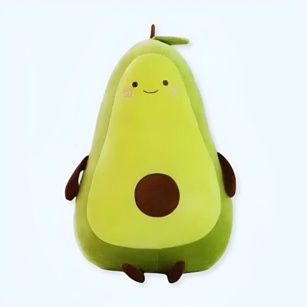 Peluche avocat souriant avec un noyau brun. Parfait pour les enfants et les collectionneurs.