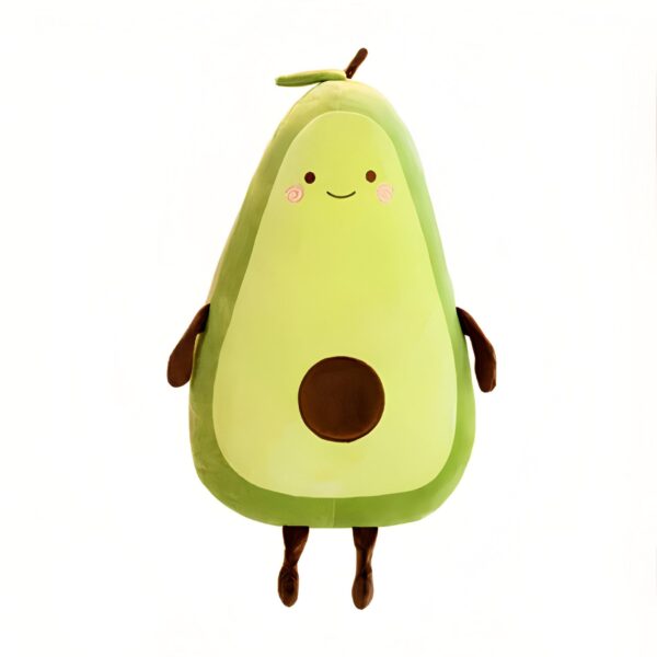 Peluche avocat souriant avec des petites jambes et un noyau marron.