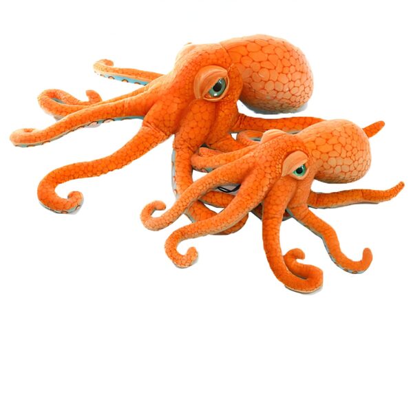 peluche-geante-pieuvre-orange-jouet-doux-enfant-et-adulte-3a-1 Deux poulpes en peluche orange sur un fond blanc.
