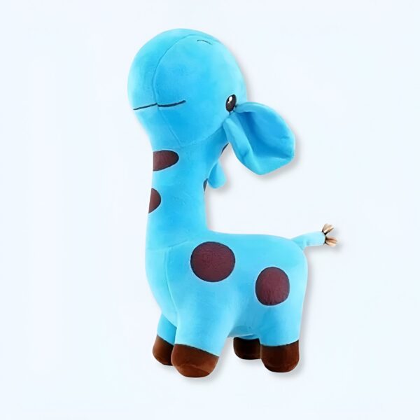 Une peluche de girafe bleue avec des taches brunes.